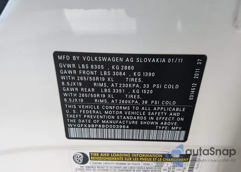 2011 Volkswagen Touareg Tdi Lux z USA, uszkodzony, nr VIN WVGFK9BP6BD003964